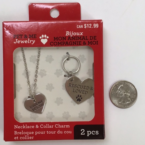 Silver Tone Pet Rescue Necklace & Collar Paw Print Heart Charm Set NWT - Picture 8 of 11